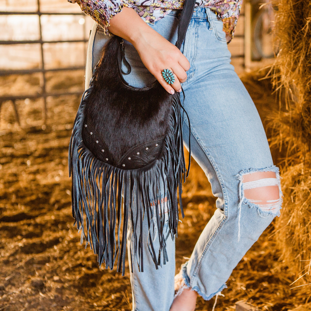 Concealed Carry Tan Turquoise Stone Concho Fringe Hobo