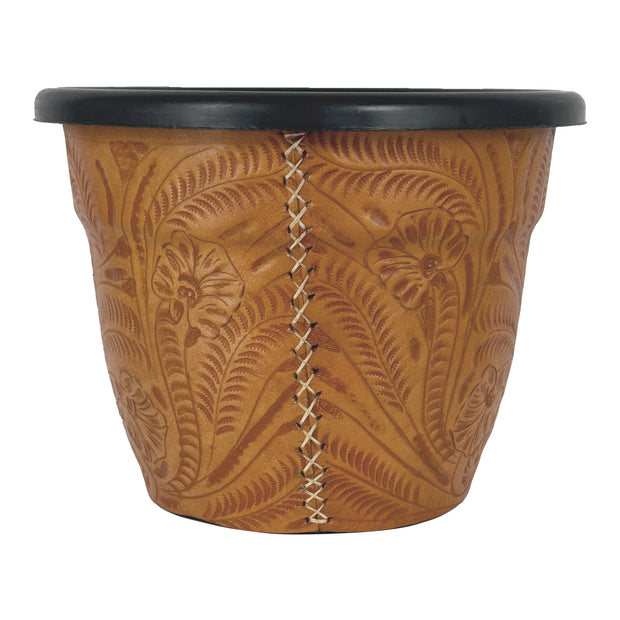 American West at Home 10" Round Planter with Tooled Leather - Large
